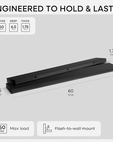 Homeforia Floating Black Shelf 60 inch, High End Solid Real Wood 60 inches Long Floating Shelves for Wall, Black Wooden 60inch Large Floating Shelves, Heavy Duty Bracket, 60 X 6.5 X 1.75 in, Set of 2