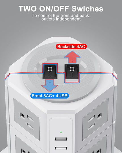 Tower Surge Protector Power Strip Flat Plugs with 8 Outlets 4 USB Ports (2 Type C), 6.5 FT Flat Extension Cord with Multiple Outlets, Charging Station with Surge Protection for Home Office Dorm