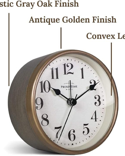 Presentime & Co 4" Vintage Tabletop Alarm Mantel Clock, Desk and Shelf Clock, Silent no Ticking, Rustic Grey Oak and Antique Gold Finish. Tabletop Décor, Home Décor, Farmhouse Décor.
