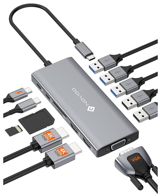 NOVOO USB C Docking Station, 12 in 1 Docking Station Dual Monitor with 2 HDMI, VGA, 5 USB Ports, 100W PD, USB-C Data, SD/TF Card Reader, Compatible with MacBook/Dell/HP/Surface