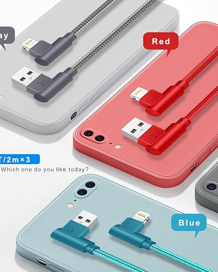 for iPhone Charger Cable Right Angle Lightning Cable 3Pack 90 Degree 6FT Nylon Braid Charging Cord Fast Charging Compatible for iPhone 14/13/12/12pro/11/11pro/XS/MAX/XR/X/8P/8/7P/7/6