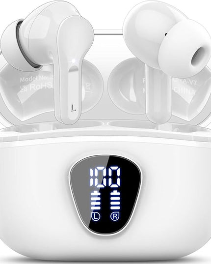 Wireless Earbuds, Bluetooth 5.4 Headphones HiFi Stereo, Bluetooth Earbuds with ENC Noise Cancelling Mic, IP7 Waterproof in Ear Earphones, 48H, LED Display Ear buds for Pad Workout Sports, White Purple