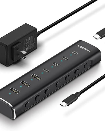 Rosonway 7 Ports Powered USB 3.2/USB C Hub 10Gbps with 4 USB-C 3.2, 3 USB-A 3.2 Ports, 3.3ft Cable and 36W(12V/3A) Power Adapter, Aluminum USB Splitter for Laptop, RSH-H7C4