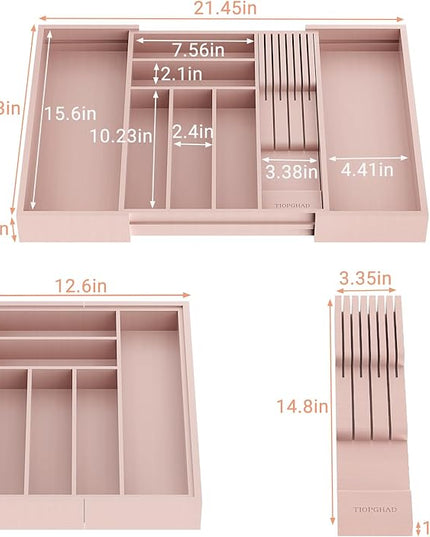 Bamboo-Silverware-Drawer-Organizer-Kitchen, Expandable Utensil Holder Cutlery Tray Flatware Organization Adjustable Wood Tableware Dividers Storage (with Removable Knife Block)(Grey Pink)