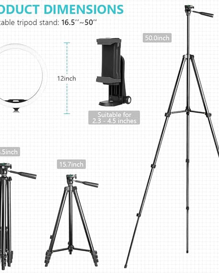 Sensyne 12'' Ring Light with 50'' Extendable Tripod Stand, LED Circle Lights with Phone Holder for Live Stream/Makeup/YouTube Video/TikTok, Compatible with All Phones