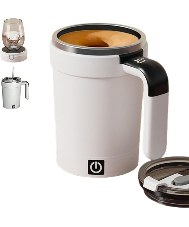 Self Stirring Coffee Mug with Lid,304 Stainless Steel Self Stirring Cup,Rechargeable Coffee Mug with Temperature Display,Suitable for Home and Office (White)