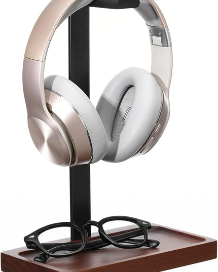 Fiwochic Walnut Wood Headset Holder, Desktop Headphone Stand, Universal Headphone Holder with Storage Base for Gaming, Music Headsets