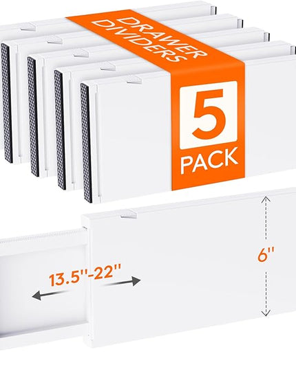 Lifewit 5 Pack Drawer Dividers Plastic 6" High, 13.5-22" Adjustable Drawer Organizers for Clothes, Expandable Dresser Separators in Bedroom/Bathroom/Kitchen/Fridge/Office Organization and Storage