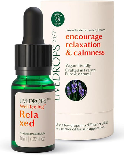 LIVEDROPS 24/7 Relaxed Lavender Essential Oil, Natural Vegan Aromatherapy for Diffuser or Diluted Skin Use, Calming Floral Herb Scent, Made in France, Bottled in USA, Clinically Tested, 10ml