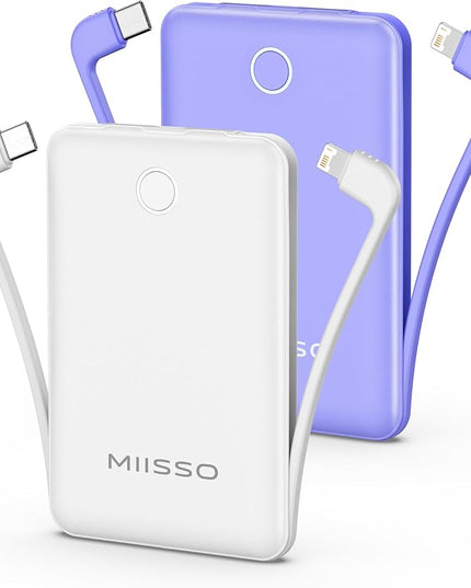 10000mAh Mini Portable Charger with Built in Cable, Pocket Size Power Bank Travel External Battery Pack for Phone, 3 Output USB Type C Cord Clutch Compatible with iPhone, Samsung,2 Pack Purple & White