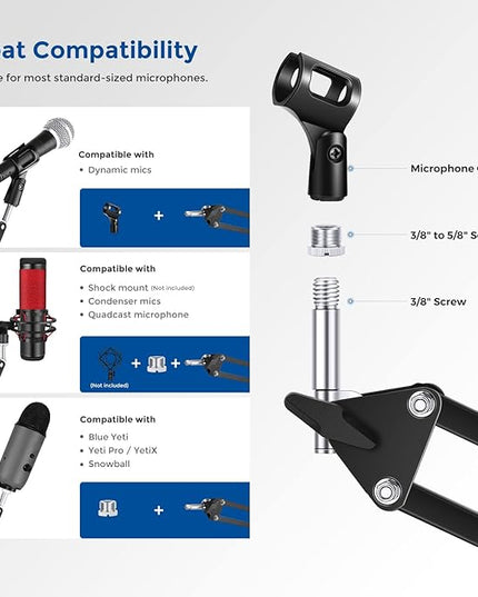 Neewer Microphone Arm Stand, Suspension Boom Scissor Mic Arm Stand with 3/8” to 5/8” Screw and Cable Ties Compatible with Blue Yeti, Snowball, Yeti X, Quadcast and Other Mics, Max Load 1.5kg