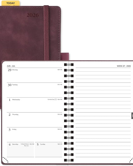 POPRUN 2026 Planner Weekly Notebook (Jan-Dec), Small Size 4''x 6.25'' - 2026 Pocket Calendar for Purse with Spiral Soft Cover, Plastic Ruler, Inner Pocket, 100 GSM - Claret