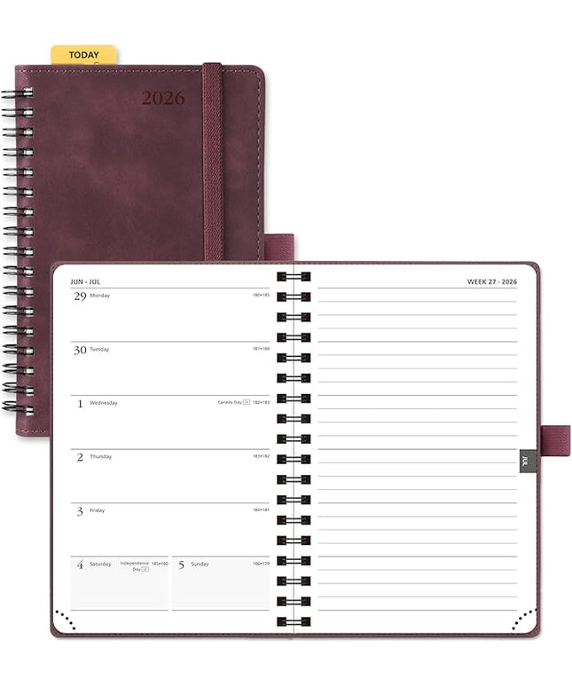 POPRUN 2026 Planner Weekly Notebook (Jan-Dec), Small Size 4''x 6.25'' - 2026 Pocket Calendar for Purse with Spiral Soft Cover, Plastic Ruler, Inner Pocket, 100 GSM - Claret