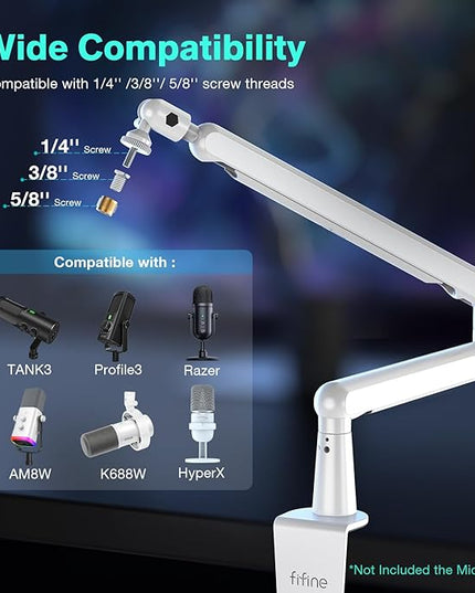 FIFINE Boom Arm Mic Stand, Low Profile Microphone Arm Stand, Podcast Mic Boom Arm with Desk Mount, Cable Channels Management, Metal Boom Arm White for Recording/Streaming/Gaming/Home Office-BM88W