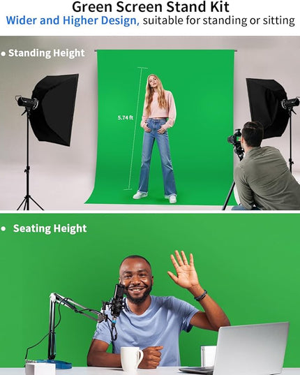 HEMMOTOP Green Screen Backdrop Kit, 8x6.8ft Wider Green Screen with Stand, Portable Chromakey Greenscreen Background with Stand, Spring Clamps, Carrying Case for Zoom, Streaming, Video