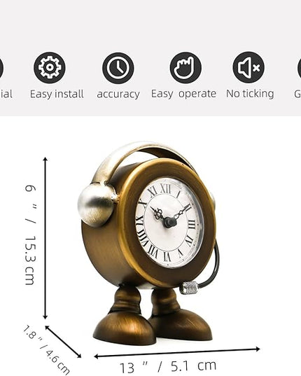 YOUKI Vintage Robot Table Clock on Stand, Decorative Desk and Shelf Clock, Rustic Mantel Farmhouse Silent Non-Ticking,Battery Operated Table Top for Living Room,Musical Gift,Metal