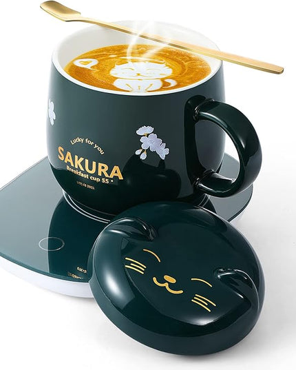 Honeydak Coffee Mug Warmer Cute Cat Mug Set Cup Warmer for Women Heated Coffee Warmers for Mom Home Office Desk Valentine's Day Anniversary Birthday Gifts(Sakura,Green)