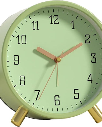 SHISEDECO Alarm Clock with Backlight, 4.5 inches Bedside Analog Non-Ticking Silent Small Deskclock with Arabic Numerals, Battery Operated Round Tableclock for Living Room, Bedroom (Green)