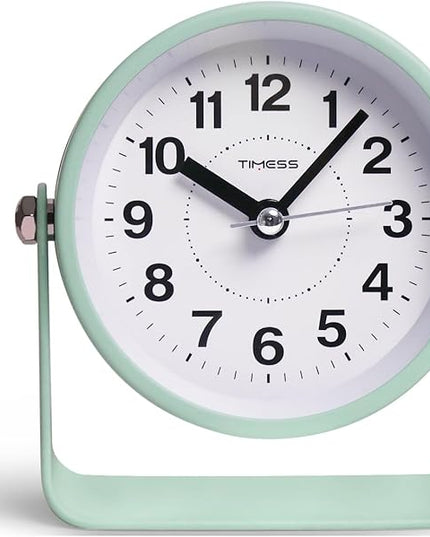 TIMESS Analog Alarm Clock, Silent Non-Ticking Quartz Movement, Battery-Operated with Snooze & On-Demand Light, Easy to Set Gentle Wake Bedside Desk Clock, Ideal for Home, Travel, Office (Green)