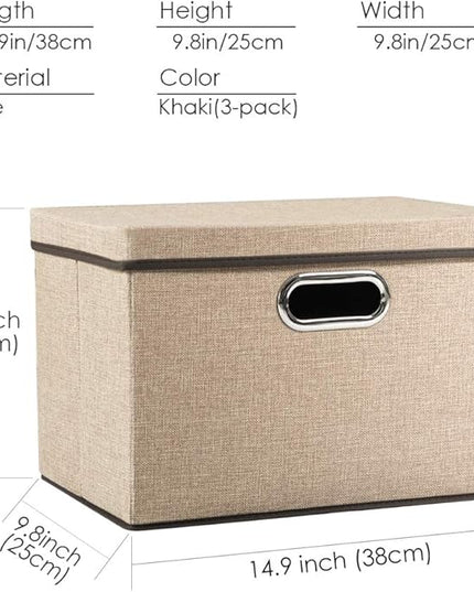 PRANDOM Collapsible Storage Cubes with Lids [3-Pack] Jute Fabric Foldable Storage Boxes Organizer Containers Baskets Bins with Cover for Home Bedroom Closet Office Nursery (14.9x9.8x9.8)