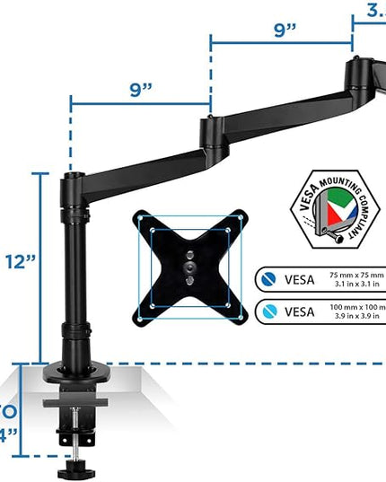 Mount-It! Premium Modular Monitor Desk Mount Arm Stand | Single Tilt Swivel Arm Fits 19 21.5 24 27 32 Inch Computer Screens with 75 100 VESA Patterns | C-Clamp and Grommet Bases | Black
