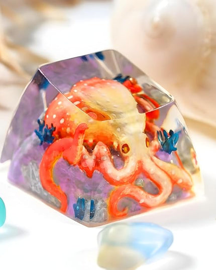 Orange Octopus Artisan Keycap R1 SA Profile Custom Ocean Sea Creatures Keycaps 1U ESC Handmade Gaming Kraken Resin Key Cap Cherry MX Switch Compatible Mechanical Keyboard Octopus Lover Gift