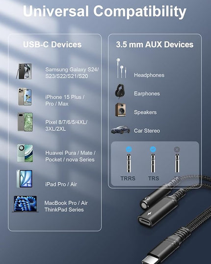 USB-C to 3.5mm Audio Headphone Adapter - 192kHz HiFi and 30W Charger 2-in-1 Compatible with Apple iPhone 17 16 15 Samsung Galaxy S25 S24 S23 S22 S21 S20 Plus Pro Max Ultra Pixel iPad