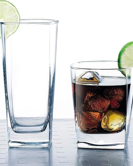 Collins Everyday Drinking Glasses Set of 16 Drinkware Kitchen Glasses for Cocktail, Iced Coffee, Beer, Ice Tea, Wine, Whiskey, Water, 8 Tall Highball Glass Cups & 8 Short Old Fashioned