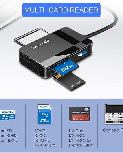 SmartQ C368 USB 3.0 Card Reader - Plug & Play, Compatible with Apple & Windows, Supports SD, Micro SD, MS, CF Cards