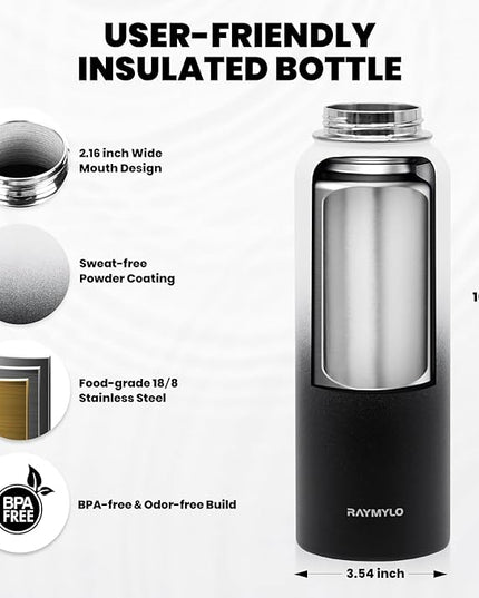 Insulated Water Bottle 40 oz, Triple Wall Vacuum Stainless Steel (Cold for 48 Hrs), Leak Proof & Non-BPA, Modern Water Flask Jug with Paracord Handle & Straw Spout Lids, Ombre: White/Black