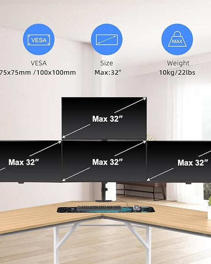 Pholiten Quad 4 Monitor Arm Desk Mount for Max 32 inch Screens, Gas Spring Adjustment Monitor Stand with VESA 75x75mm, 100x100 mm, Clamp & Grommet Install Black MD18864
