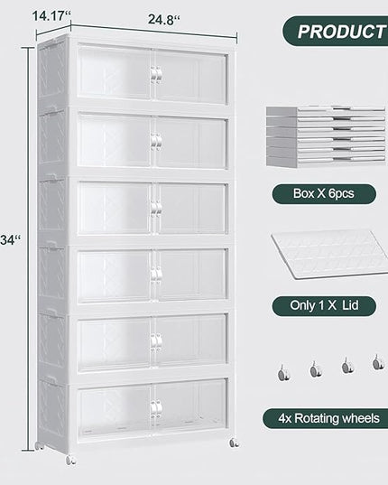 720QT Extra Large Stackable Storage Bins with Lid, 180Gal Collapsible Storage Box with Wheels and Doors, Plastic Closet Organizer and Storage Cabinet for Home Kitchen Office Dorm, 5Pack White