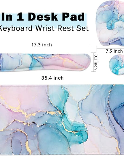 Keyboard Wrist Rest Large Mouse Pad Wrist Support for Computer, 4 in 1 Memory Foam Keyboard Pad Desk Mat Ergonomic Hand Rest Wrist Cushion for Home Office Gaming - Blue Marble