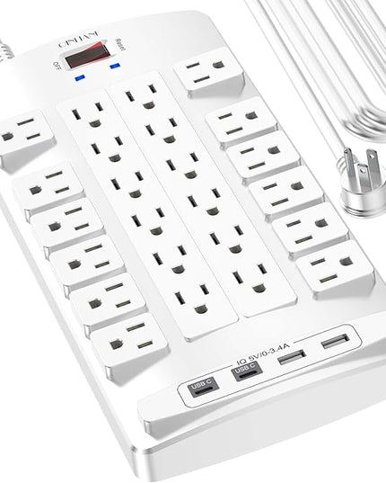 Surge Protector Power Strip - QINLIANF 20Ft Flat Plug Heavy Duty Extension Cord with 24 Outlets and 4 USB Ports(2 USB-C Ports), 1875W/15A, 4100J, for Home, Office, Dorm, ETL Listed, White