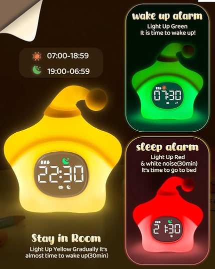 Star Alarm Clock with Night Light for Kids with Sleep Training and Sound Machine, Rechargeable Silicone Lamp OK to Wake Clock，Cute Animal Tabletop Lamp, Perfect Sleep Companion for Boys Girls, Yellow