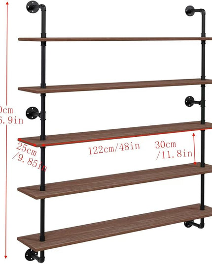 Floating Shelves for Wall Bookshelf Industrial Pipe Shelving Shelves 48 Inch 5 Tier Natural Wood Planks Rustic Wall Shelves Hanging Bookshelves Farmhouse Kitchen Shelving