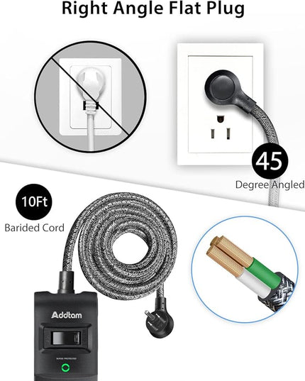 10Ft Long Surge Protector Power Strip - Extension Cord with Multiple Outlets, 5 Widely Outlets 3 USB Charging Ports, Flat Plug Overload Surge Protection, Wall Mount for Home, Office ETL Listed, 2 Pack