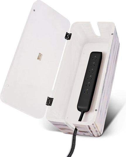 Rustic Cable Management Box & Cord Organizer- Cable Organizer for Desk, Home, Office. Hides Wires, Surge Protectors, Power Strips. Eco Friendly Mango Wood Cord Management Solution (Rustic White)
