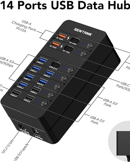 Powered USB Hub,14 Ports USB Data Hub Splitter with 6 USB 3.0 Port,4 Charging Port,1 USB-C 3.0 Data Port,1 PD 60W Charging Port w LED Individual On/Off Switches for MacBook,Mac Pro,Laptop/PC