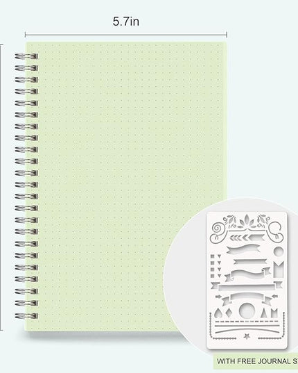 AHGXG Bullet Dotted Journal, 3 Pack Spiral Notebook A5, with 100GSM Thick Dot Grid Paper, Transparent Hardcover, Journal Stencils, 80 Sheets, 5.7" x 8.3", Yellow, Green, Blue