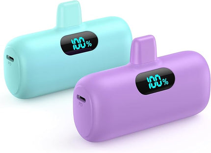 [2 Pack]Mini Portable Charger 5000mAh,Ultra-Compact 15W PD Fast Charging Power Bank,LCD Display Cute Battery Pack Backup Charger Compatible with iPhone 14/14 Pro Max/13 Pro/12/11/XR/8/7/6-Green+Purple