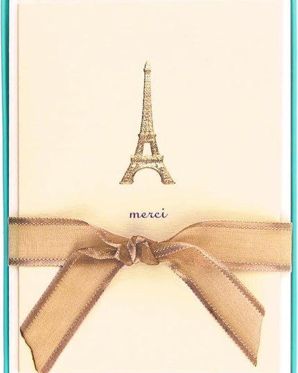 Graphique Eiffel Tower Merci Notecards – 10 Embossed Gold Foil Blank Cards with Envelopes – Boxed Set – 3.25" x 4.75"