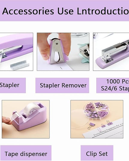 suniya Office Supplies,Desk Accessories,Tape Holder,Stapler,Scissor,Staple Remover,Box of Binder Clips,Staples,Ballpoint Pen,Lndex Tabs,Clear Tape,Office Supplies Set(Purple)