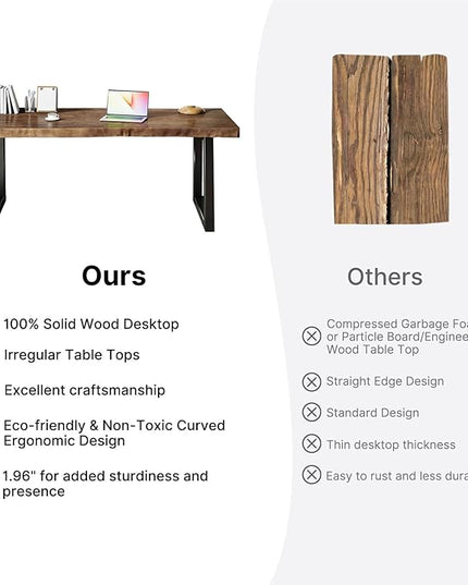 Solid Wood Desk 55 inches, Home Office Computer Desk Wooden Rustic Writing Desk Metal Modern Simple Design Executive Real Wood Desk(Dark Brown)