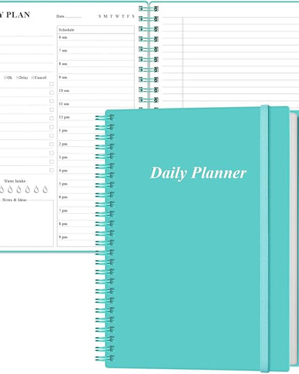Daily Planner Undated - B5 To Do List Notebook Hourly Schedules, Spiral Appointment Planner for Women and Men, PVC Hardcover, Inner Pocket, Elastic Closure, 7" x 10", Teal