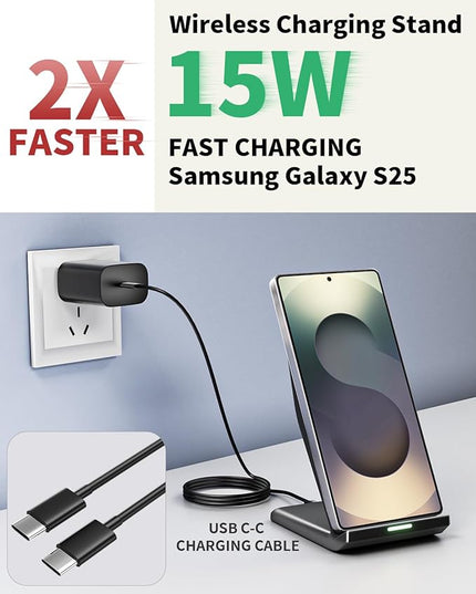 Wireless Charger Stand, 15W Fast Phone Wireless Charging Stand Station with 20W USB C Brick for Samsung W26/S25 Ultra/S24+/S23/S22+/S21, iPhone Air/17 Pro Max/16/15/14/13/12 with Sleep-Friendly Light