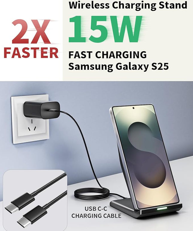 Wireless Charger Stand, 15W Fast Phone Wireless Charging Stand Station with 20W USB C Brick for Samsung W26/S25 Ultra/S24+/S23/S22+/S21, iPhone Air/17 Pro Max/16/15/14/13/12 with Sleep-Friendly Light