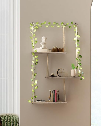 Hanging Shelves for Wall, 3 Tier Boho Wall Decor Hanging Shelf with Vine Lights