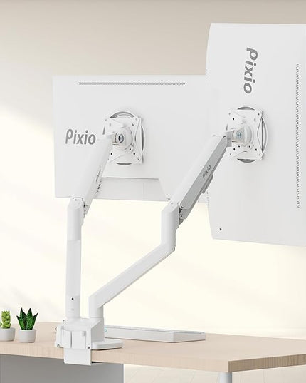 Pixio PS1D Wave White Dual Monitor Arm Stand Desk Mount - Fits up to 32 inches Monitors and up to 19.8lbs. VESA Compatibility and Integrated Cable Management