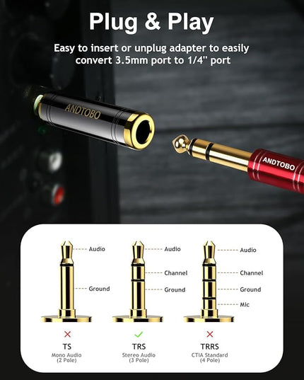 ANDTOBO 1/4'' to 3.5 mm Stereo Pure Copper Headphone Adapter, 3.5 mm(1/8'') Plug Male to 6.35 mm (1/4'') Jack Female Stereo Adapter for Headphone, Amp Adapter, Black 2-Pack